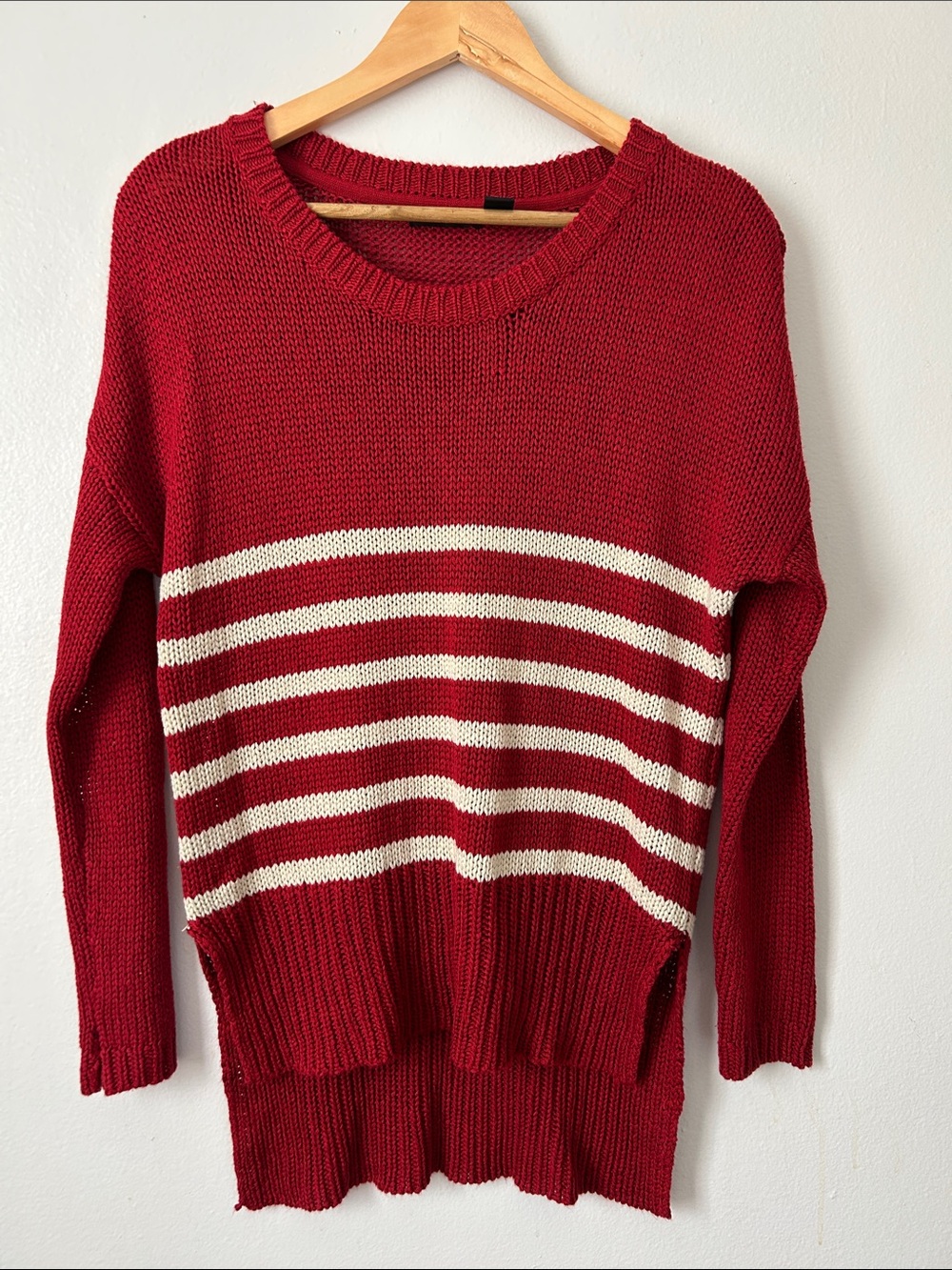 RDI Red Cream Striped Knit Sweater Small High Low Relaxed Nautical